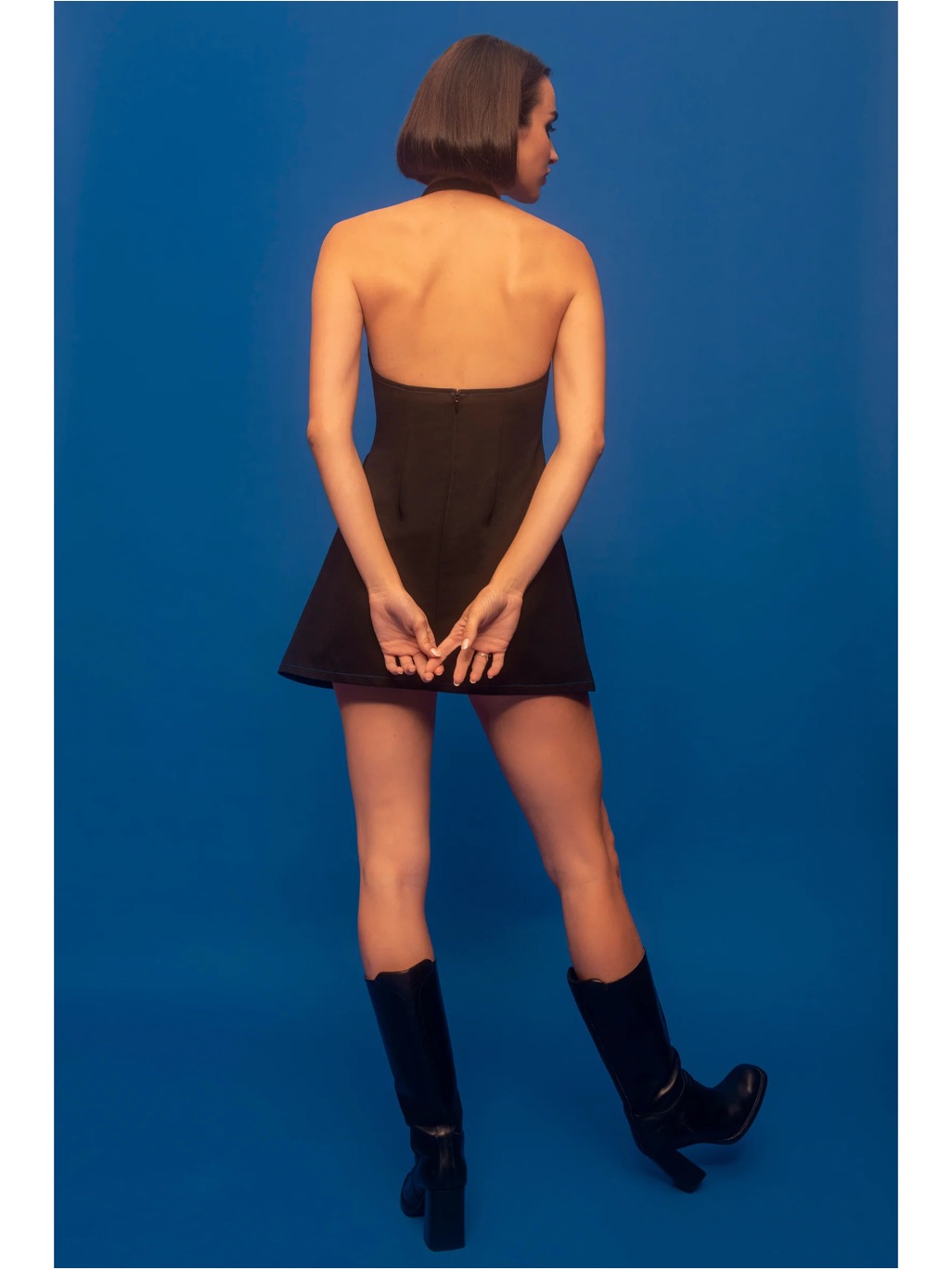 Santos By Monica Penelope Halter Dress In Black Mini Retro Electric Blue Accent — image 4 of 8